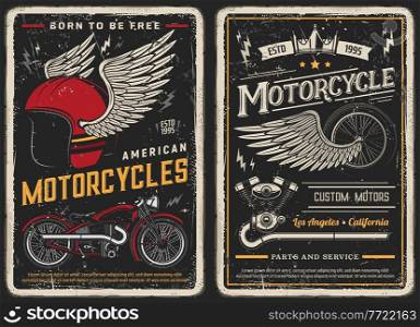 Bike and motorcycle vintage posters. Custom motors, parts and service vintage vector cards for biker club. Retro motorbike garage, classic antique chopper and winged helmet and wheel grunge design. Bike and motorcycle vintage posters. Custom motors