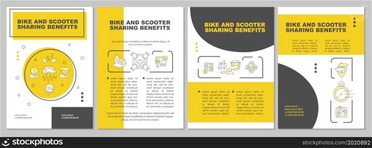 Bike and scooter share advantages brochure template. Affordability. Flyer, booklet, leaflet print, cover design with linear icons. Vector layouts for presentation, annual reports, advertisement pages. Bike and scooter share advantages brochure template