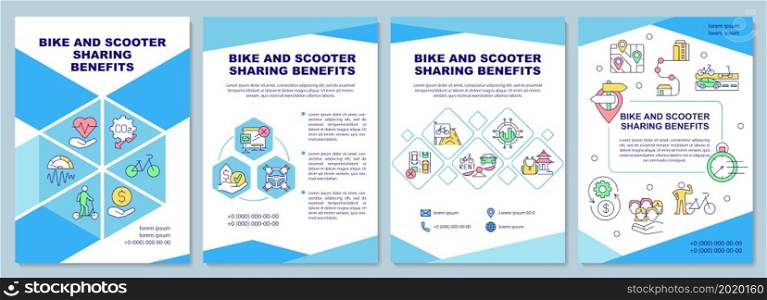 Bike and scooter sharing benefits brochure template. Eco transport. Flyer, booklet, leaflet print, cover design with linear icons. Vector layouts for presentation, annual reports, advertisement pages. Bike and scooter sharing benefits brochure template