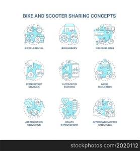 Bike and scooter sharing blue concept icons set. Green transportation idea thin line color illustrations. Health improvement. Coin deposit stations. Vector isolated outline drawings. Editable stroke. Bike and scooter sharing blue concept icons set