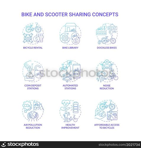Bike and scooter sharing blue gradient concept icons set. Green transportation idea thin line color illustrations. Air pollution reduction. Coin deposit stations. Vector isolated outline drawings. Bike and scooter sharing blue gradient concept icons set