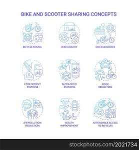 Bike and scooter sharing blue gradient concept icons set. Green transportation idea thin line color illustrations. Air pollution reduction. Coin deposit stations. Vector isolated outline drawings. Bike and scooter sharing blue gradient concept icons set