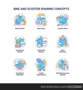 Bike and scooter sharing concept icons set. Green transportation option idea thin line color illustrations. Bicycle rental. Noise reduction. Vector isolated outline drawings. Editable stroke. Bike and scooter sharing concept icons set