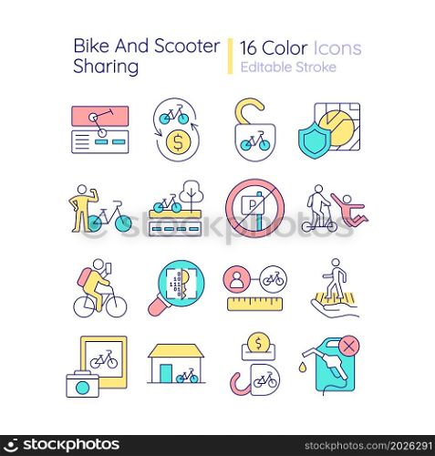 Bike and scooter sharing RGB color icons set. Cycling-friendly infrastructure. Pay for bike use. Visual clutter. Isolated vector illustrations. Simple filled line drawings collection. Editable stroke. Bike and scooter sharing RGB color icons set