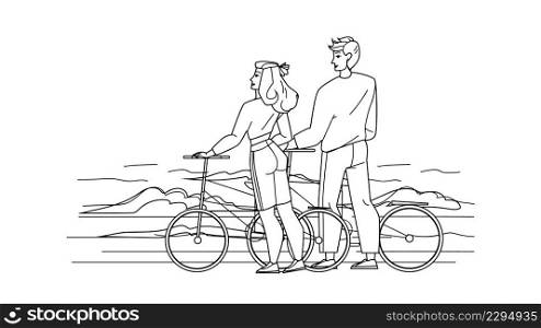 Bike Coast Having Man And Woman Together Black Line Pencil Drawing Vector. Young Boy And Girl Enjoying Bike Coast Sportive Activity And Countryside Adventure. Characters Riding Bike Illustration. Bike Coast Having Man And Woman Together Vector