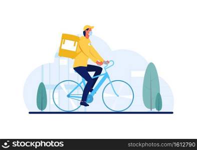Bike delivery. Safe delivery concept. A courier on a bicycle with a protective mask on. Flat vector illustration.