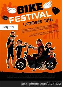 Bike festival poster with people from subcultures metalheads and motor riders on orange background cartoon vector illustration. Bike Festival Subcultures Poster