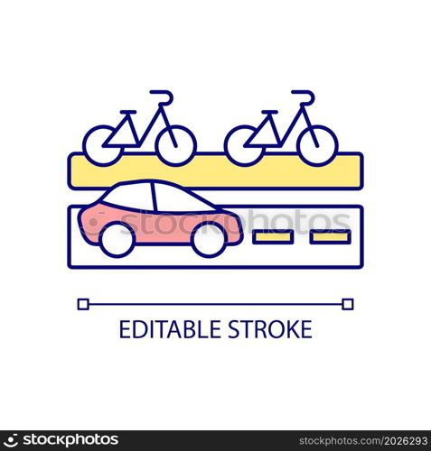 Bike friendly city RGB color icon. Safe bicycling and car driving. Bike paths along roadways. Cycling-friendly infrastructure. Isolated vector illustration. Simple filled line drawing. Editable stroke. Bike friendly city RGB color icon