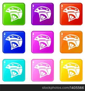 Bike helmet icons set 9 color collection isolated on white for any design. Bike helmet icons set 9 color collection