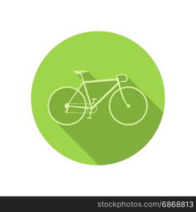 Bike icon on green round background. Vector illustration of bike with long shadow.