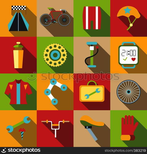 Bike items icons set. Flat illustration of 16 bike items vector icons for web. Bike items icons set, flat style