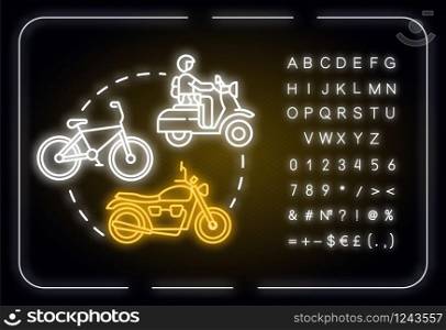 Bike neon light concept icon. Cheap transportation, affordable travel means, road trip idea. Outer glowing sign with alphabet, numbers and symbols. Vector isolated RGB color illustration