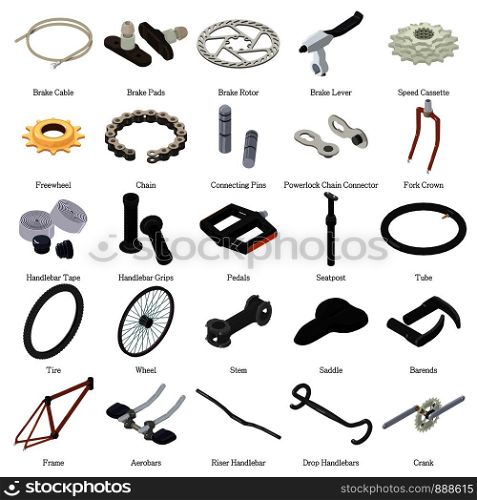 Bike parts icons set. Isometric illustration of 25 bike parts vector icons for web. Bike parts icons set, isometric style