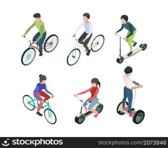 Bike people isometric. Persons riding bicycles fitness outdoor activities garish vector transport illustrations. Healthy training, childhood bicycle isometric. Bike people isometric. Persons riding bicycles fitness outdoor activities garish vector transport illustrations