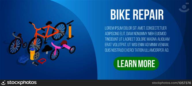 Bike repair concept banner. Isometric banner of bike repair vector concept for web, giftcard and postcard. Bike repair concept banner, isometric style