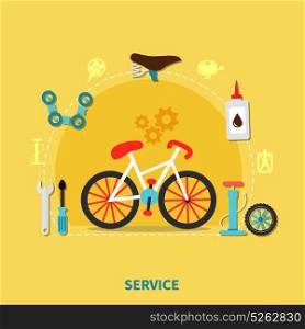 Bike Service Concept Illustration. Bike service concept with spare parts symbols on yellow background flat vector illustration