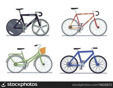 Bike set. Extreme sports and roadbike, cruising and dutch side view bikes collection, walking modern urban vehicle, ecological city transport flat vector isolated on white background illustration. Bike set. Extreme sports and roadbike, cruising and dutch side view bikes collection, walking modern urban vehicle, ecological city transport flat vector isolated illustration
