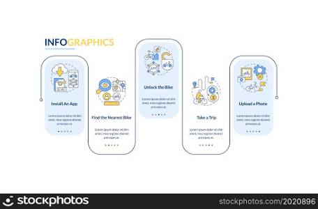 Bike-share guide vector infographic template. Find nearest bike presentation outline design elements. Data visualization with 5 steps. Process timeline info chart. Workflow layout with line icons. Bike-share guide vector infographic template
