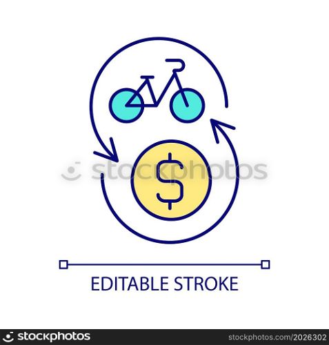 Bike-share program RGB color icon. Paying for bike usage. Trip-based fee. Shared micromobility. Public bicycle scheme. Isolated vector illustration. Simple filled line drawing. Editable stroke. Bike-share program RGB color icon