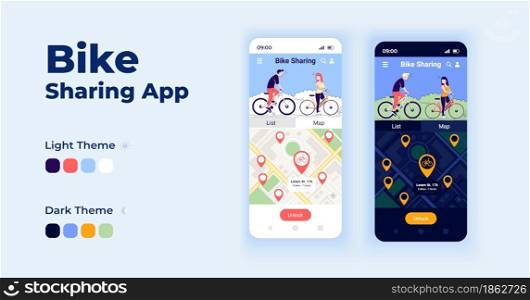 Bike sharing app cartoon smartphone interface vector templates set. Mobile app screen page day and dark mode design. Bicycle sharing platform UI for application. Phone display with flat character. Bike sharing app cartoon smartphone interface vector templates set