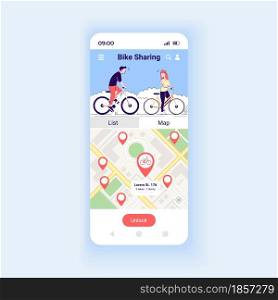 Bike sharing app smartphone interface vector template. Mobile app page design layout. Eco-friendly transport. Bicycle sharing platform screen. Flat UI for application. Phone display. Bike sharing app smartphone interface vector template