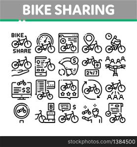 Bike Sharing Business Collection Icons Set Vector. Bike Share Deal And Agreement, Web Site And Phone Application, Helmet And Bicycle Parking Concept Linear Pictograms. Monochrome Contour Illustrations. Bike Sharing Business Collection Icons Set Vector