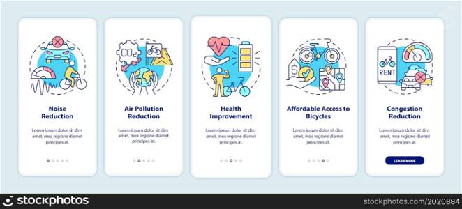 Bike sharing goals onboarding mobile app page screen. Noise reduction walkthrough 5 steps graphic instructions with concepts. UI, UX, GUI vector template with linear color illustrations. Bike sharing goals onboarding mobile app page screen