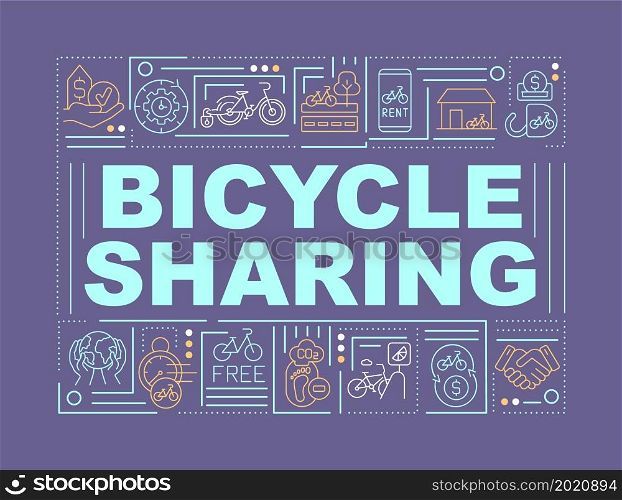 Bike sharing program word concepts banner. Sustainable future. Infographics with linear icons on purple background. Isolated creative typography. Vector outline color illustration with text. Bike sharing program word concepts banner