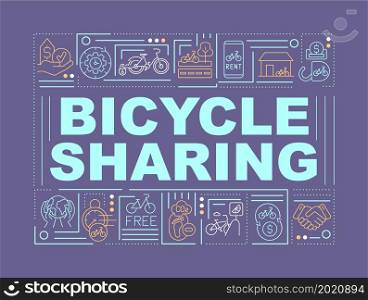 Bike sharing program word concepts banner. Sustainable future. Infographics with linear icons on purple background. Isolated creative typography. Vector outline color illustration with text. Bike sharing program word concepts banner