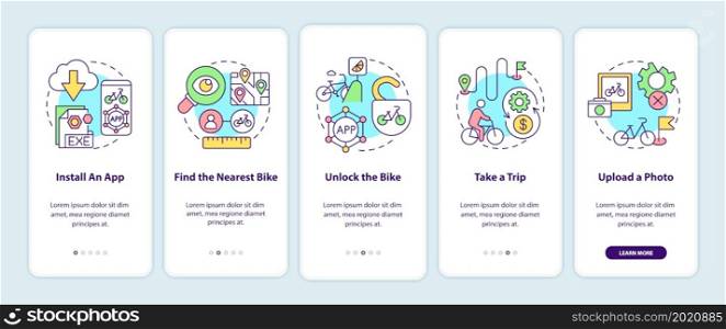 Bike sharing usage onboarding mobile app page screen. Installing app and taking trip walkthrough 5 steps graphic instructions with concepts. UI, UX, GUI vector template with linear color illustrations. Bike sharing usage onboarding mobile app page screen