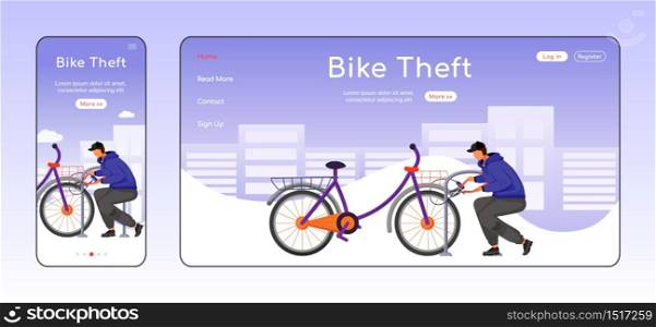 Bike theft adaptive landing page flat color vector template. Street thief mobile and PC homepage layout. Man breaking bicycle lock one page website UI. Webpage cross platform design