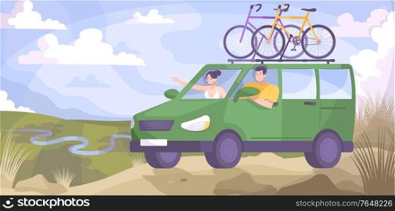 Bike tourism car flat and colored composition green minivan goes for a ride vector illustration