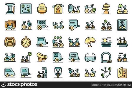 Bike trailer icons set outline vector. Cargo cycle. Life ride thin line color flat on white isolated. Bike trailer icons set vector line color