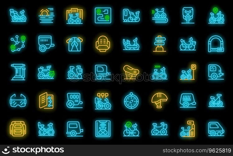 Bike trailer icons set outline vector. Cargo cycle. Life ride neon color on black. Bike trailer icons set vector neon