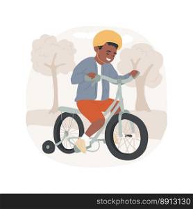 Bike training isolated cartoon vector illustration. Smiling kid on a bicycle with training wheels, active lifestyle, physical activity, health care, happy childhood vector cartoon.. Bike training isolated cartoon vector illustration.