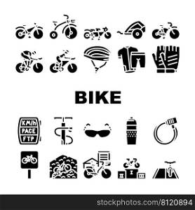 Bike Transport And Accessories Icons Set Vector. Cruiser And Tandem Bike, Trailer For Child And Rider Protective Helmet Gloves And Clothes. Mountain And Road Riding Glyph Pictograms Black Illustration. Bike Transport And Accessories Icons Set Vector