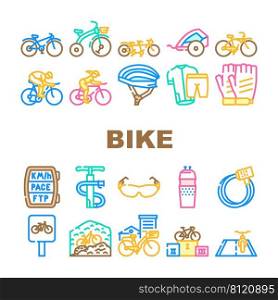 Bike Transport And Accessories Icons Set Vector. Cruiser And Tandem Bike, Trailer For Child And Rider Protective Helmet, Gloves And Clothes. Mountain And Road Riding Color Illustrations. Bike Transport And Accessories Icons Set Vector