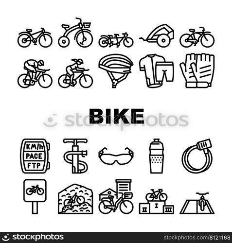 Bike Transport And Accessories Icons Set Vector. Cruiser And Tandem Bike, Trailer For Child And Rider Protective Helmet, Gloves And Clothes. Mountain And Road Riding Black Contour Illustrations. Bike Transport And Accessories Icons Set Vector