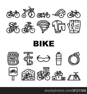 Bike Transport And Accessories Icons Set Vector. Cruiser And Tandem Bike, Trailer For Child And Rider Protective Helmet, Gloves And Clothes. Mountain And Road Riding Black Contour Illustrations. Bike Transport And Accessories Icons Set Vector