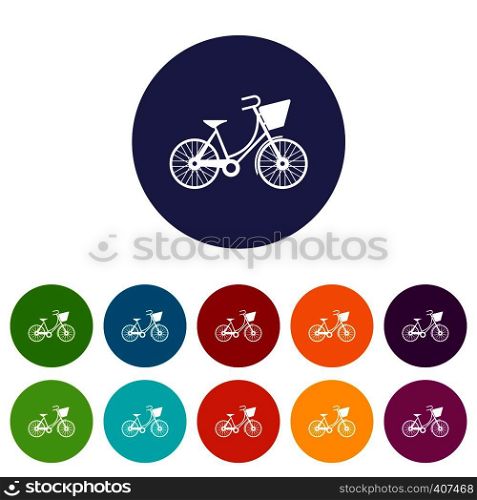 Bike with luggage set icons in different colors isolated on white background. Bike with luggage set icons