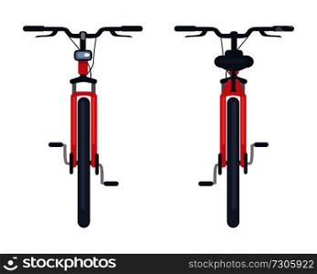 Bike with pedals and rudder front view, bicycle lumens headlamp vector illustration isolated on white background. Sportive kind of active transport. Bike with Pedals and Rudder Front View, Bicycle
