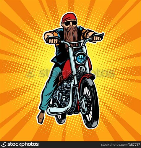 Biker bearded man on a motorcycle. Comic cartoon pop art vector retro vintage drawing. Biker bearded man on a motorcycle