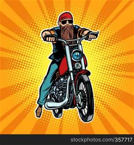 Biker bearded man on a motorcycle. Comic cartoon pop art vector retro vintage drawing. Biker bearded man on a motorcycle