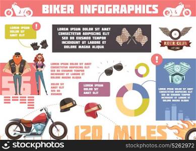Biker Club Doodle Infographics . Rider infographics with cartoon biker characters and motorcycle elements with circle graphs and editable text vector illustration