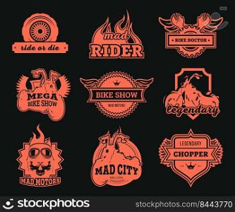 Biker club logos set. Red motorcycles, wheel and spanners, eagle wings and rider glasses isolated illustrations. For motorbike show, racing, repair service label templates