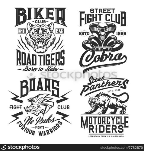 Biker club, motorcycle races, and street fighting t-shirt prints, vector. Motors sport, bike riders club and fighter sport mascots of tiger, panther and cobra with wild boar for t shirt. Biker club, motorcycle races, fight t-shirt prints