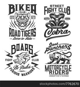 Biker club, motorcycle races, and street fighting t-shirt prints, vector. Motors sport, bike riders club and fighter sport mascots of tiger, panther and cobra with wild boar for t shirt. Biker club, motorcycle races, fight t-shirt prints