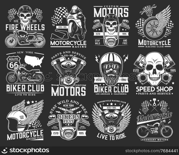 Biker club skull emblems, motorcycle races and speedway sport rides, vector icons. New York biker club route and custom chopper garage emblem, helmet on wing and moto parts shop or engine service sign. Motorcycle races, biker club skull emblems, sport