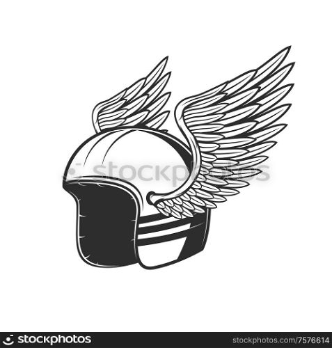Biker helmet with wings. Motor race team symbol, rally sport team emblem and custom chopper bike riders tournament sign. Motorcycle race club, biker helmet with wings