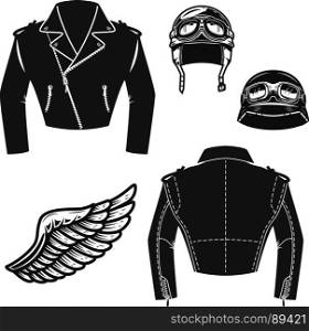 Biker jacket, motorcycle helmet, wings. Design elements for emblem, sign, badge. Vector illustration